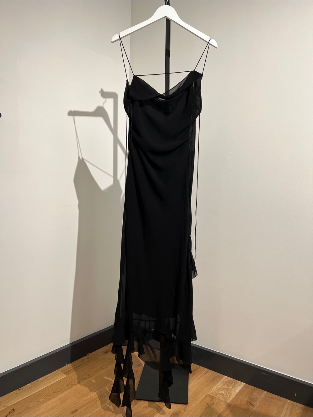 Acne Asymmetrical Black Slip Dress with Draped Ruffle Hem